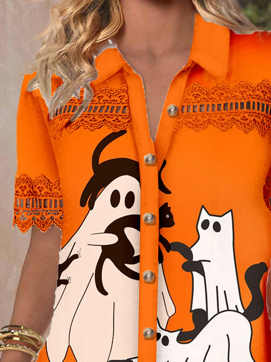 Women Short Sleeve V-neck Ghost Printed Graphic Lace Hollow Stitching Button Tops