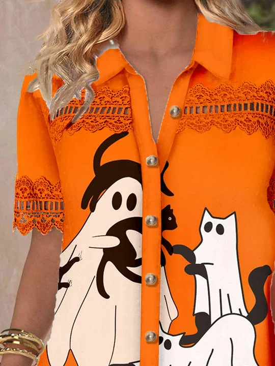 Women Short Sleeve V-neck Ghost Printed Graphic Lace Hollow Stitching Button Tops