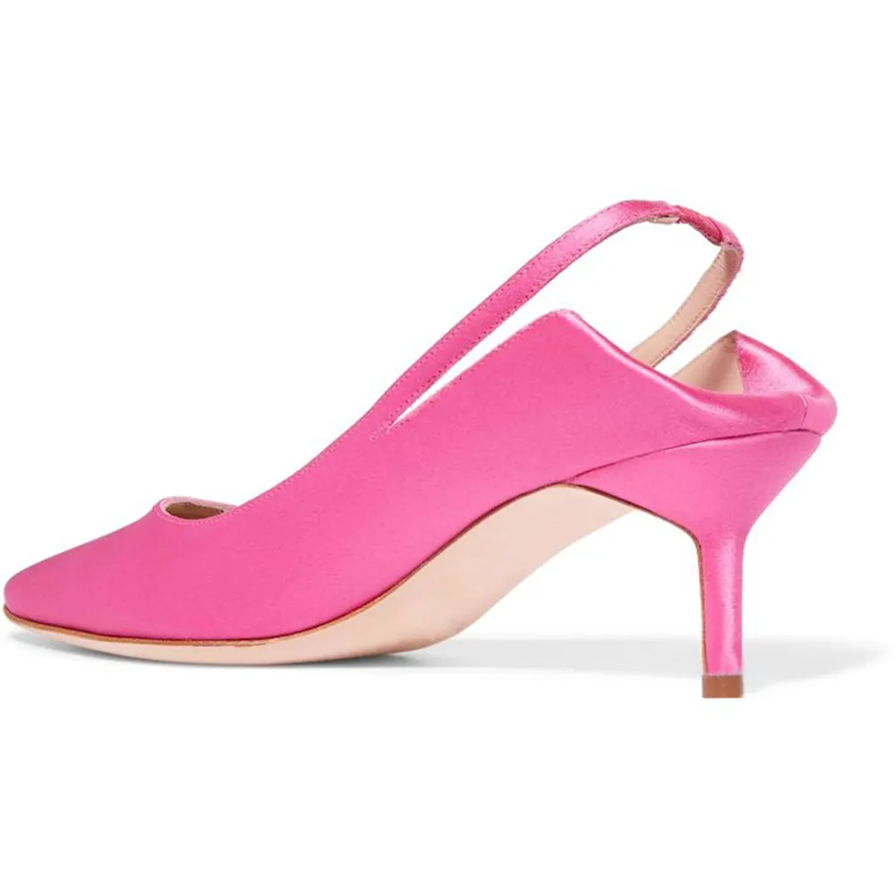 Pink Satin Closed Pointed Toe Slingback Pumps With Stiletto Heels
