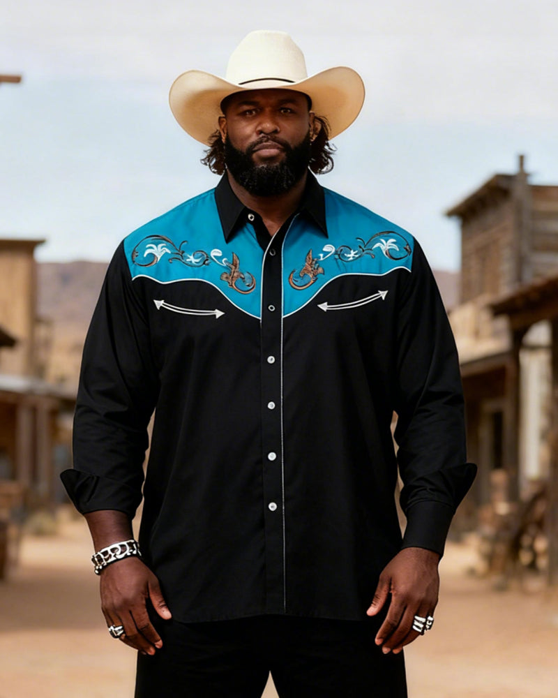 Big & Tall Men's Western Black And Blue Stitching Totem Print Long Sleeve Shirt Pants Set