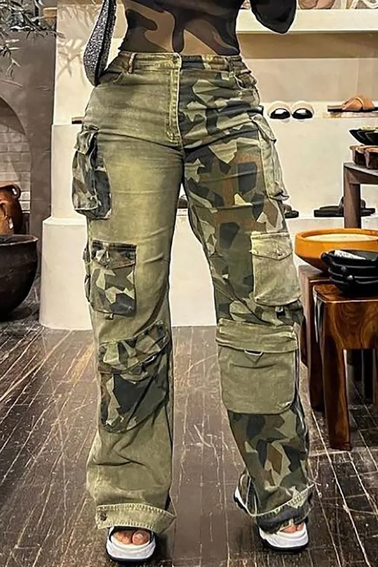 Xpluswear Plus Size Daily Camouflage Denim Cargo Pants 