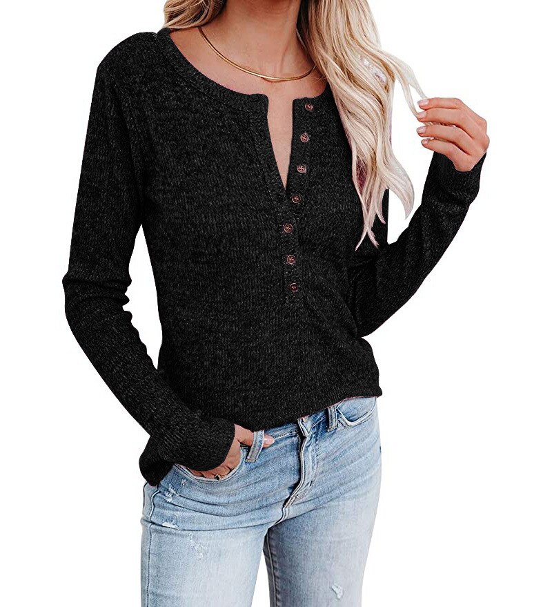 Autumn New Women's T-shirt Chest Button Casual Long-sleeved T-shirt Round Neck Pullover Solid Color All-match Ladies' Tops