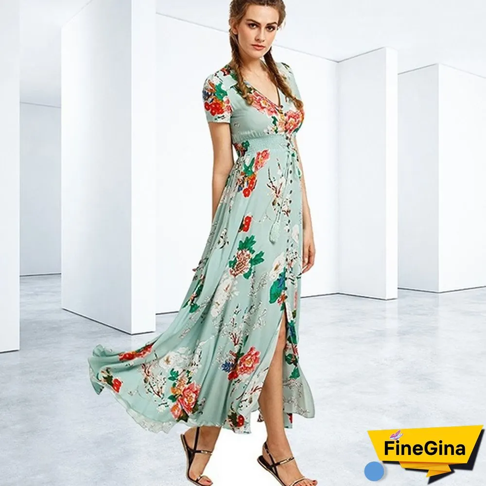 Womens Fashion Bohemian V Neck Print Big Swing Long Dress Plus Size
