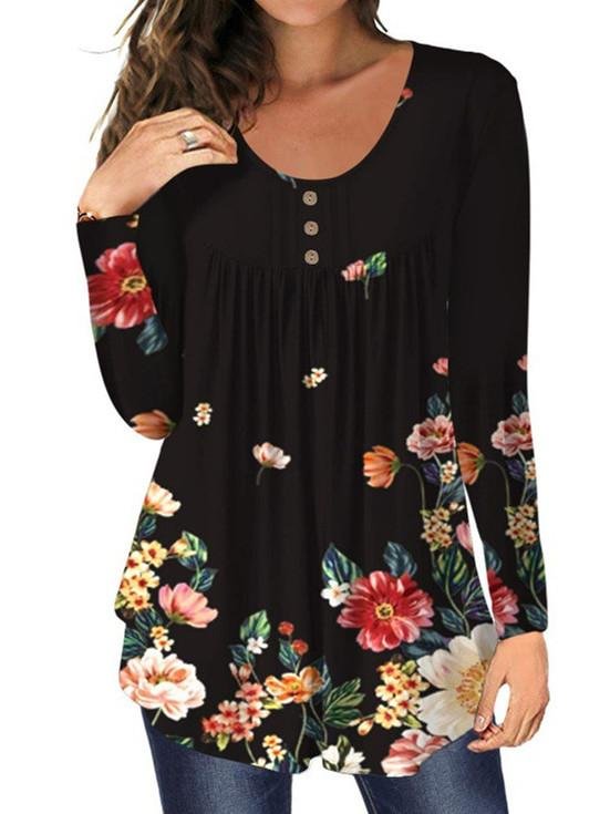 Women Long Sleeve Scoop Neck Floral Printed Graphic Top