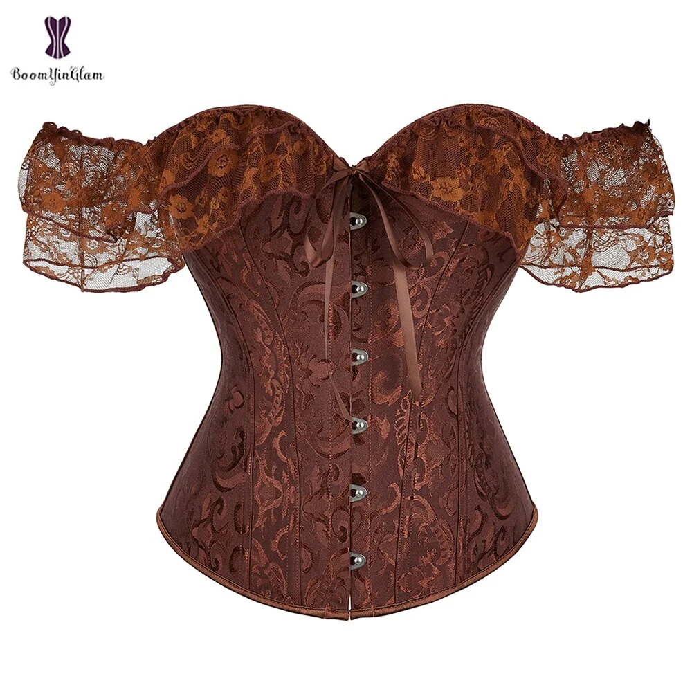 Uaang Women's Princess Renaissance Corset Black White Red Green Beige Floral Lace Short Sleeves Elegant Halloween Bustier Top