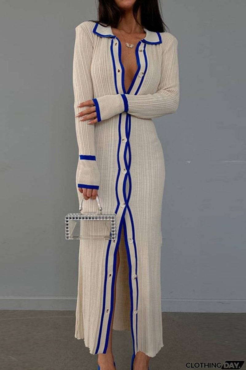 Sexy Casual Striped Contrast Turndown Collar Long Sleeve Dresses