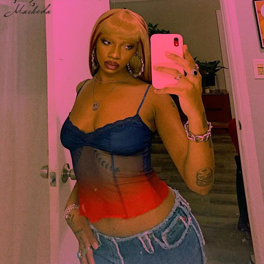 Macheda summer Sexy Mesh See through Tank Top Women Sleeveless V Neck Slim Lace Clothing Lady Fashion Cropped Top 2021 New