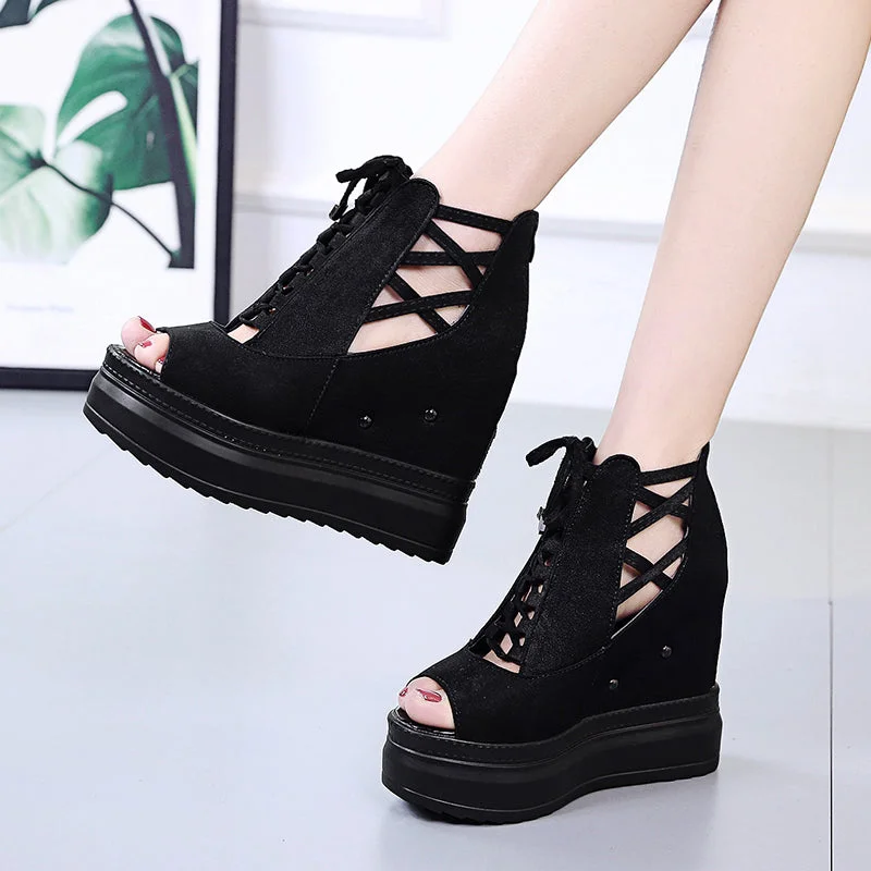 Summer Height Increasing Ankle Boots For Women Hollow Out Pep Toe Shoes Woman Fashion Cross Strap Chunky Platform Booties