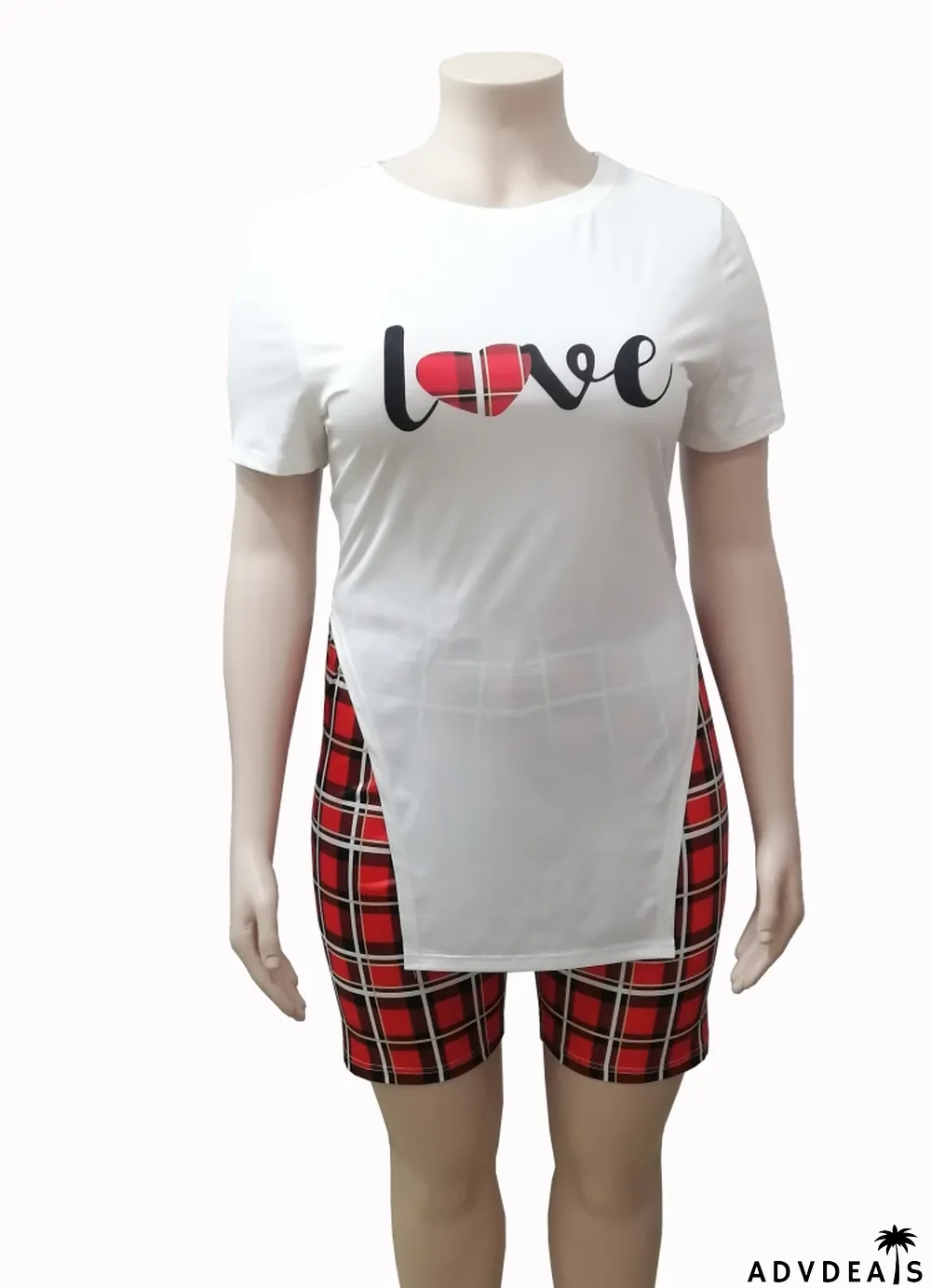 Women Summer Printed Casual O-Neck Short Sleeves High Waist Plaid Print Skinny Two Piece Shorts Set