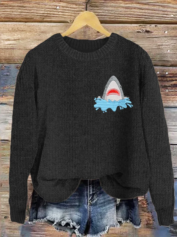Shark Jaw Pattern Cozy Knit Sweater