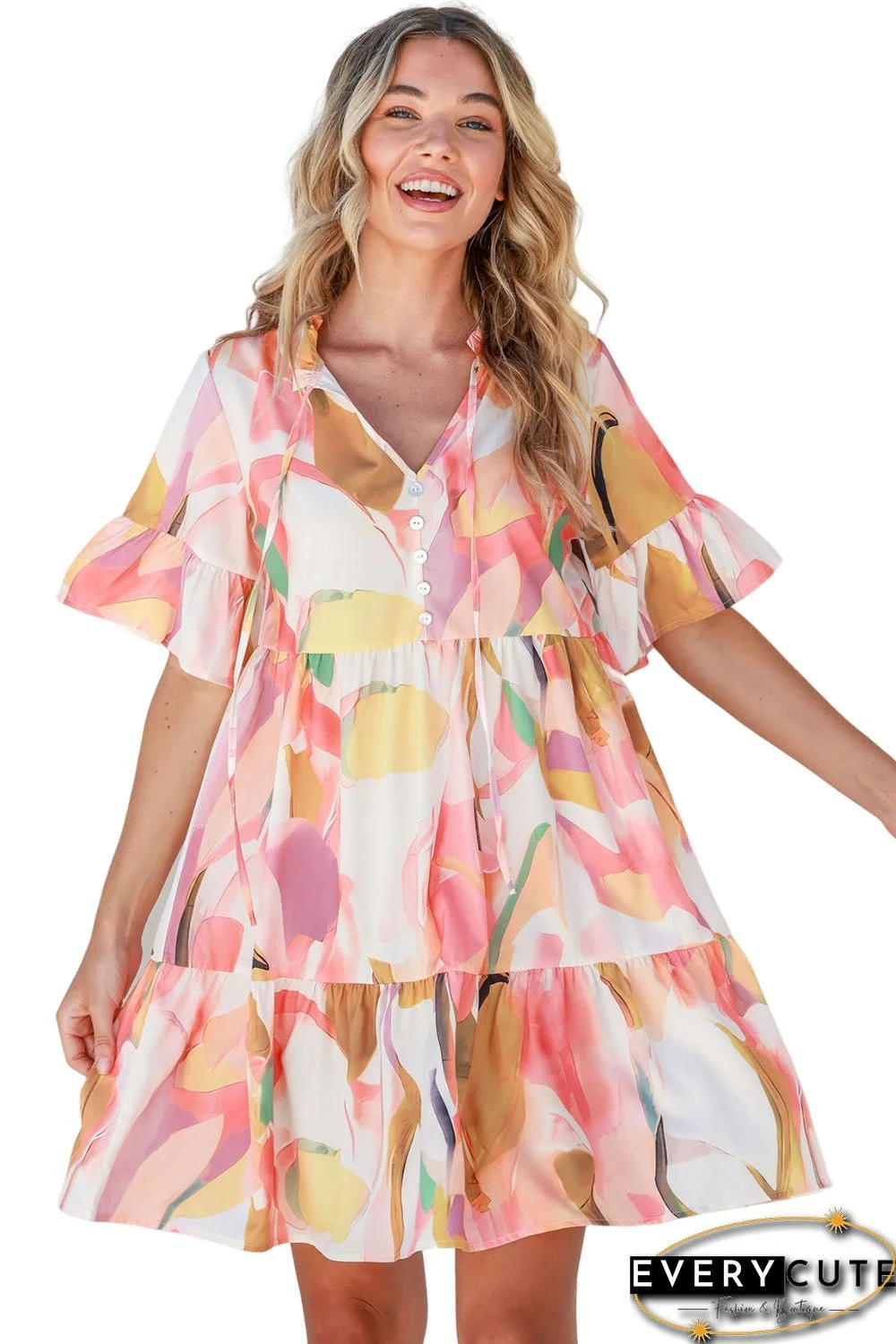 Pink Geometric Print Ruffled Short Sleeve Tied V-Neck Mini Dress