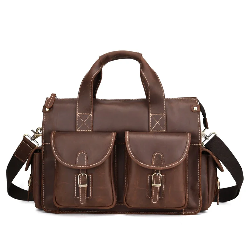 Mongw Bag top grade Men's Genuine Leather Briefcase Handbags Crazy Horse Leather Hand bag Thick Real Leather Shoulder Bag