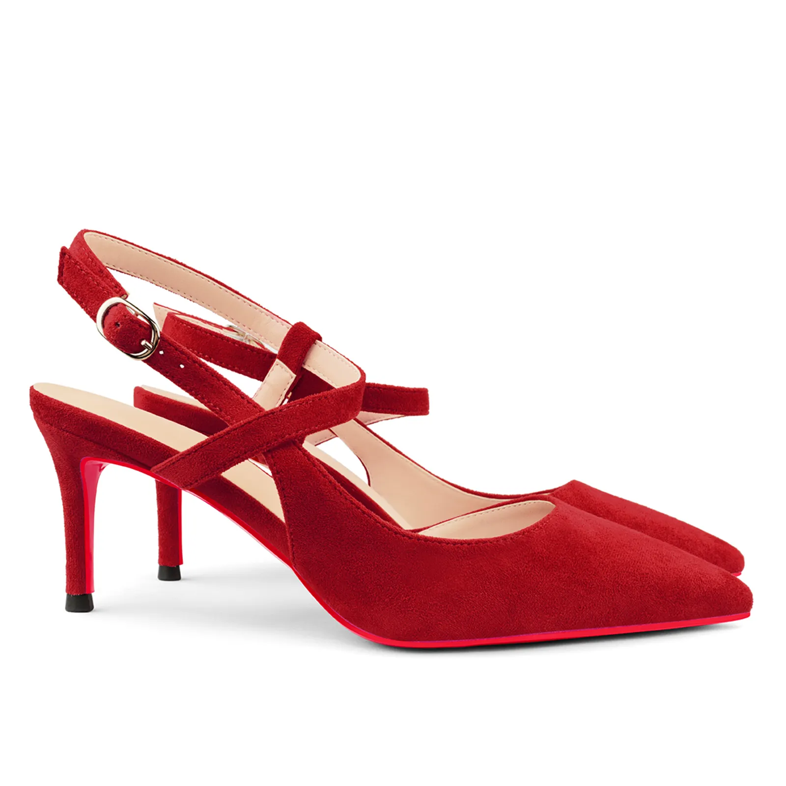 65mm Women Pumps Ankle Strap Jenlove Stiletto Slingback Suede Kitten Pointed Toe Dress Red Bottoms Heels-vocosishoes