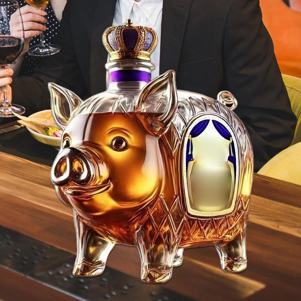 Tegooe Luxury Pig Decanter with Crown Stopper Novelty Glass Liquor Dispenser for Whiskey