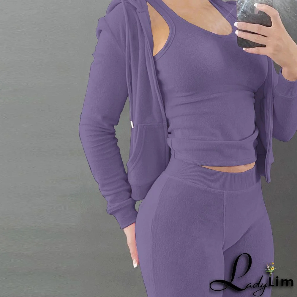 Women's Autumn/Winter Fleece Vest Hooded Three-Piece