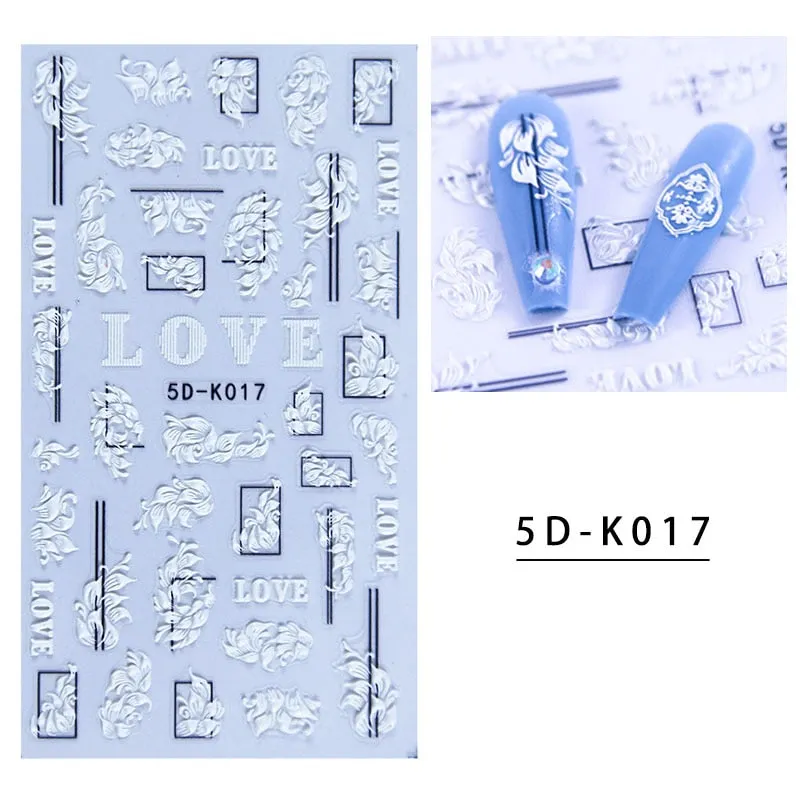 5D Butterfly Nail Sticker Engraved White Flower Sliders Embossed Lace Wedding Nail Art Design Monogram Decals Manicure Tools-Nail Inspo