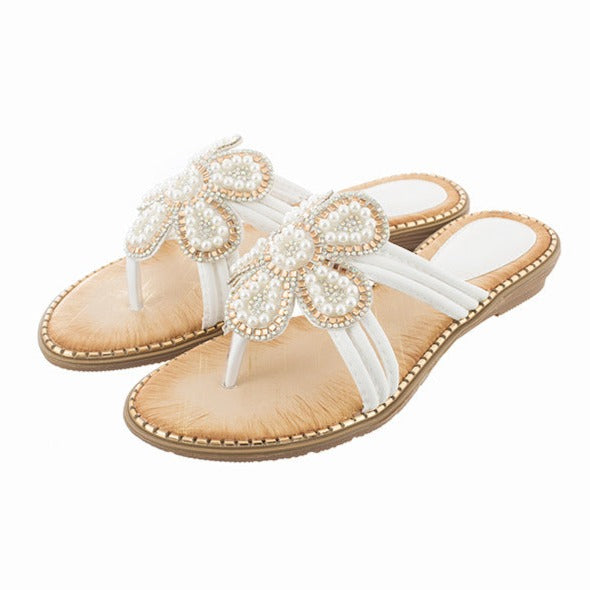 Women's flower clip toe slides Cute beads sandals Summer beach sandals