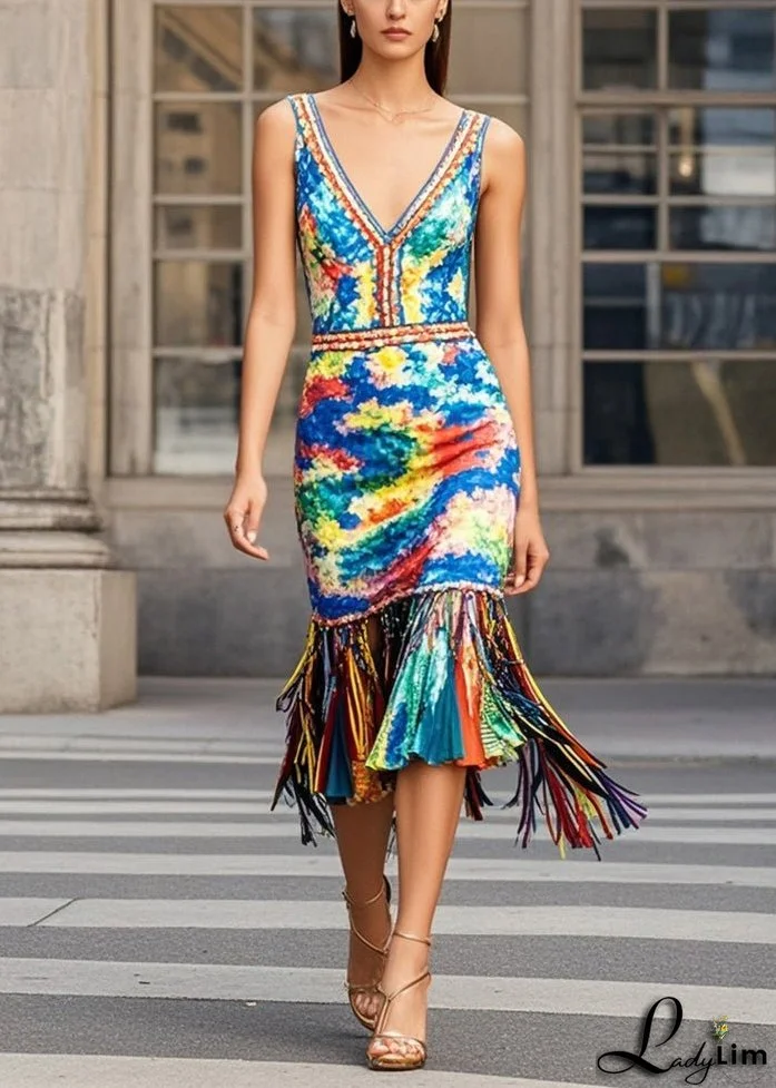 Beautiful Multicolou Print Knit Dresses Tasseled Summer