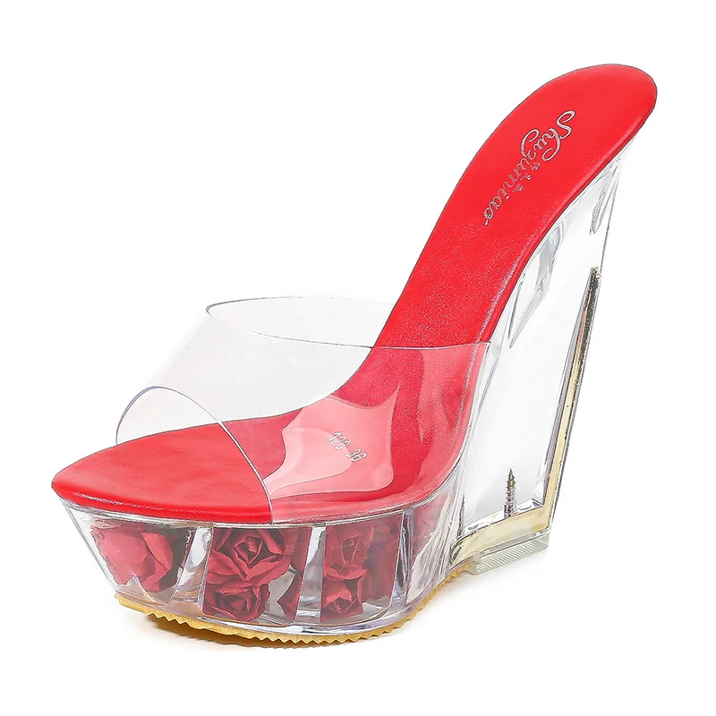 Tanguoant Tanguoant Korean Thick Platform Ultra High Heel Sandals High Transparent Special Crystal Shoe Waterproof Platform 15CM Wedge Wedge Women's Shoes