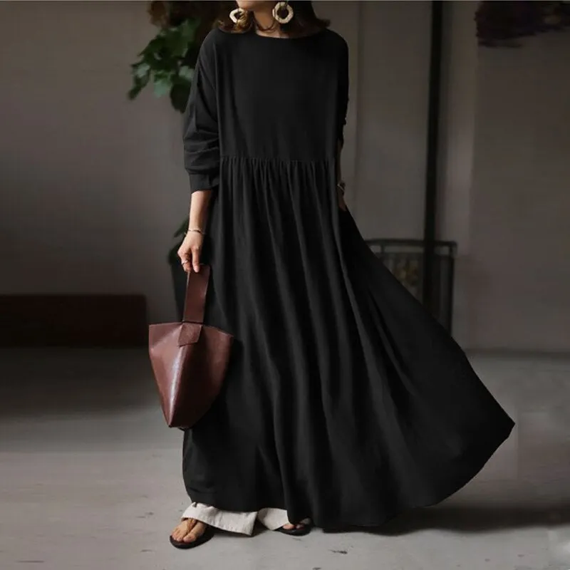 Women Elegant Maxi Long Dress ZANZEA 2022 Autumn Vintage Long Sleeve Solid Sundress Kaftan Femme Robe Vestidos  Baggy
