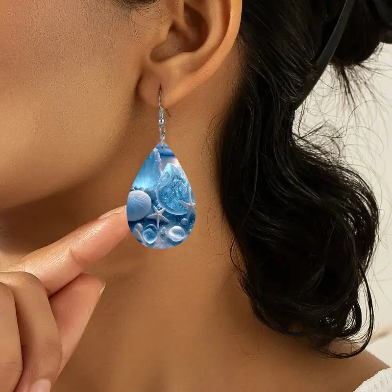 droplet shape fantasy blue shell pattern dangle earrings boho ocean style vacation earrings details 0
