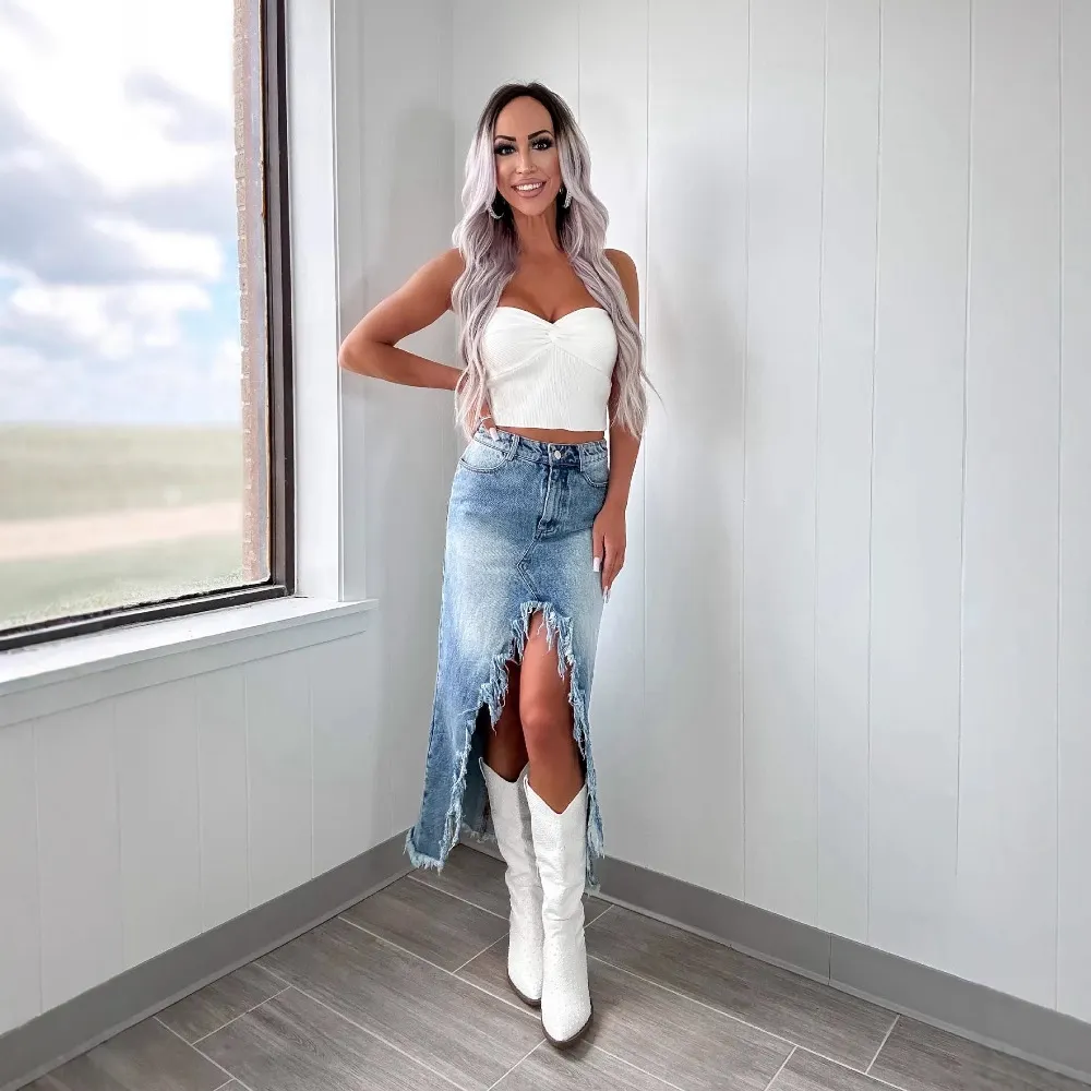 Women's High Waist Gradient Denim Midi Skirt