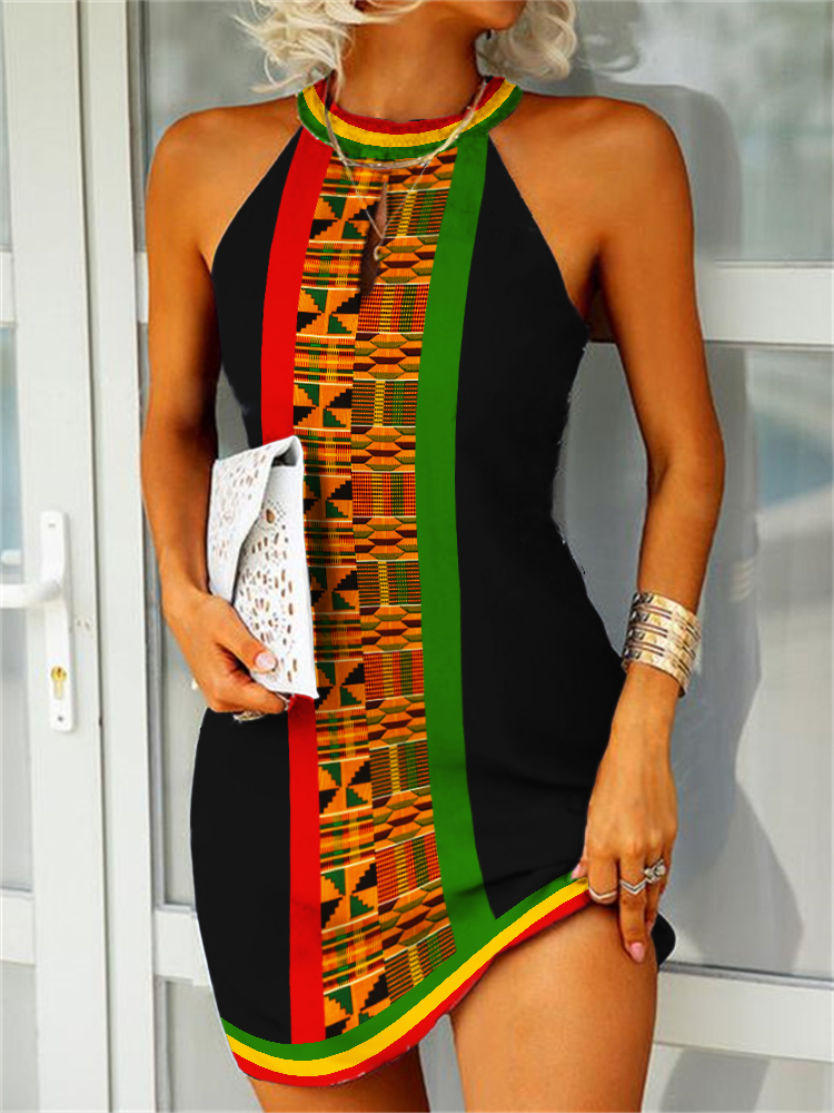 wearshes Africa Ethnic Kente Rasta Stripe Slim Mini Dress