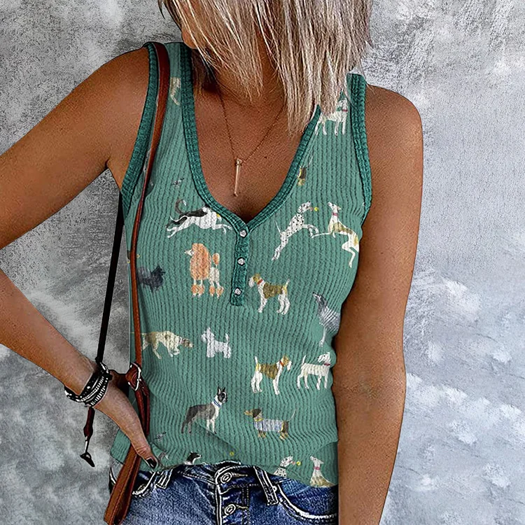 Dog Print V-Neck Sleeveless Tank Top