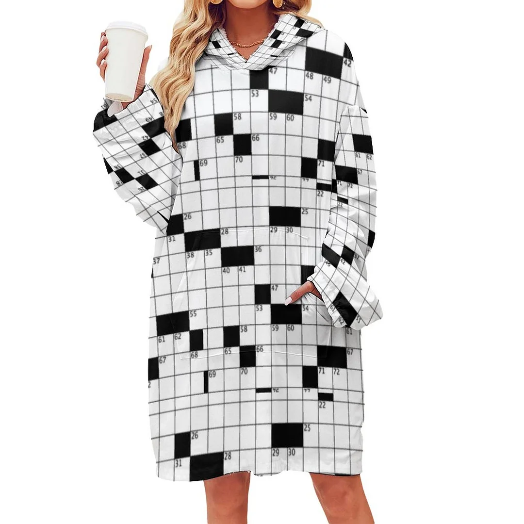 Crossword Puzzle Oversized Sherpa Fleece Sweatshirt Blanket Hoodie Warm Cozy Wearable Tops with Pocket