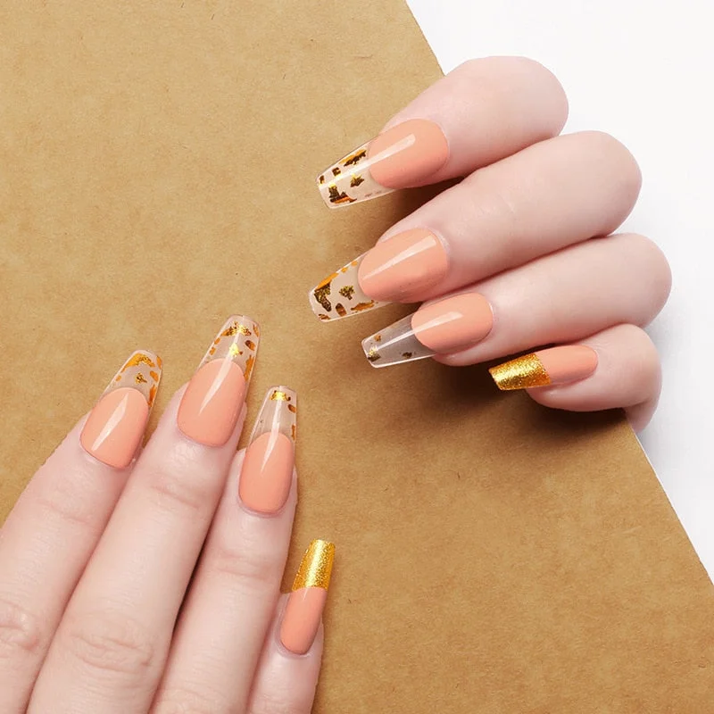 24pcs/box fake nails with glue designed colourful Gold thread rainbow paragraph press on nails coffin girls nail tips stick-on-Nail Inspo