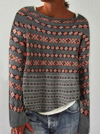 Geometric Casual Autumn Daily Loose Long sleeve Yarn/Wool yarn Regular H-Line Sweater for Women