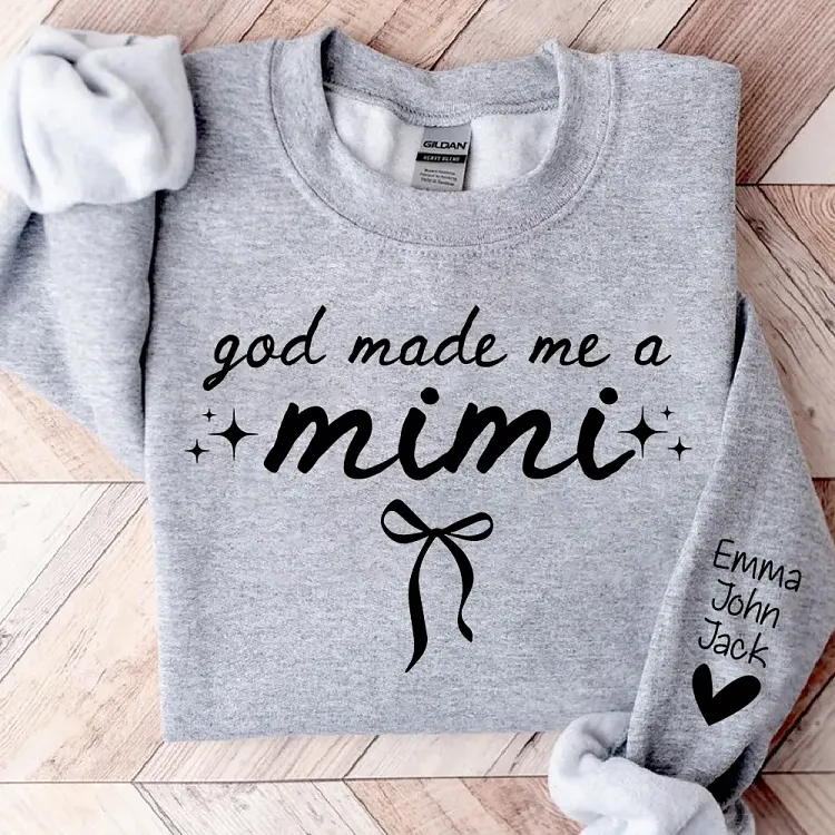 Personalized God Made Me A Mimi Sweatshirt, Custom Coquette Bow Mimi Shirt, Grandkids Names on Sleeve Gift for Mimi