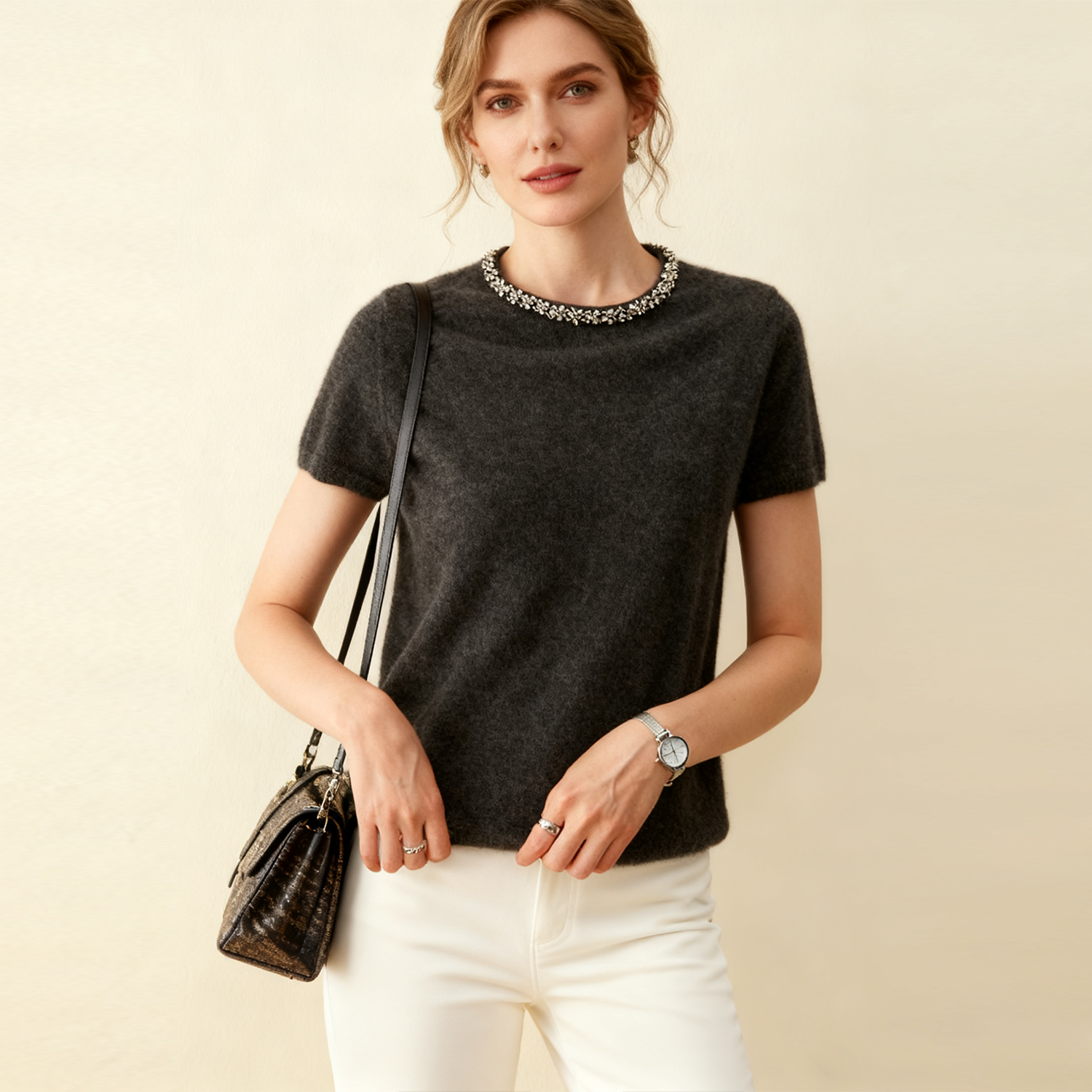 Women's Short-Sleeve Cashmere Vest Crystal Beading  REAL SILK LIFE