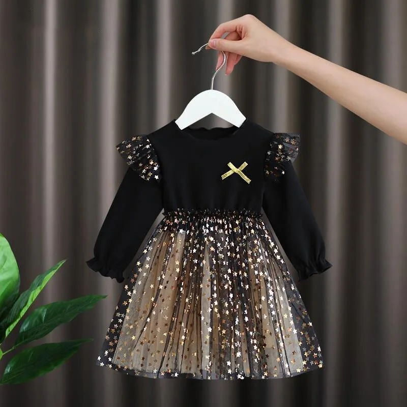 Girls Dress Spring And Autumn Knitted Baby Girl Net Yarn Princess Dress Sequined Star Party Dress Toddler winter Kids Clothing