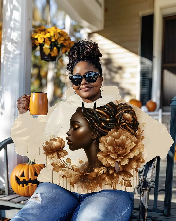 Women's Plus Size Artistic Flower Portrait Print Long Sleeve Hoodie