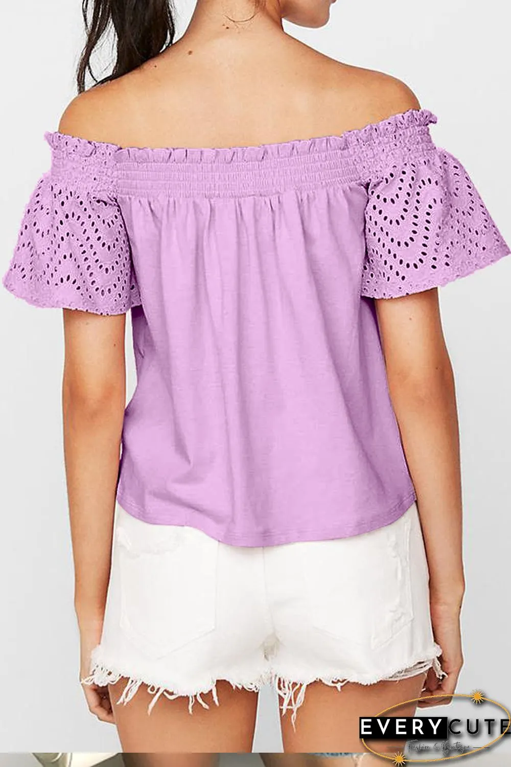 Pink Solid Shirring Off Shoulder Hollow out Top