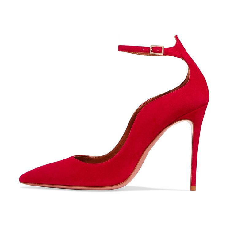 Women's Red Suede Ankle Strap Heels Stiletto Heel Pumps|FSJshoes