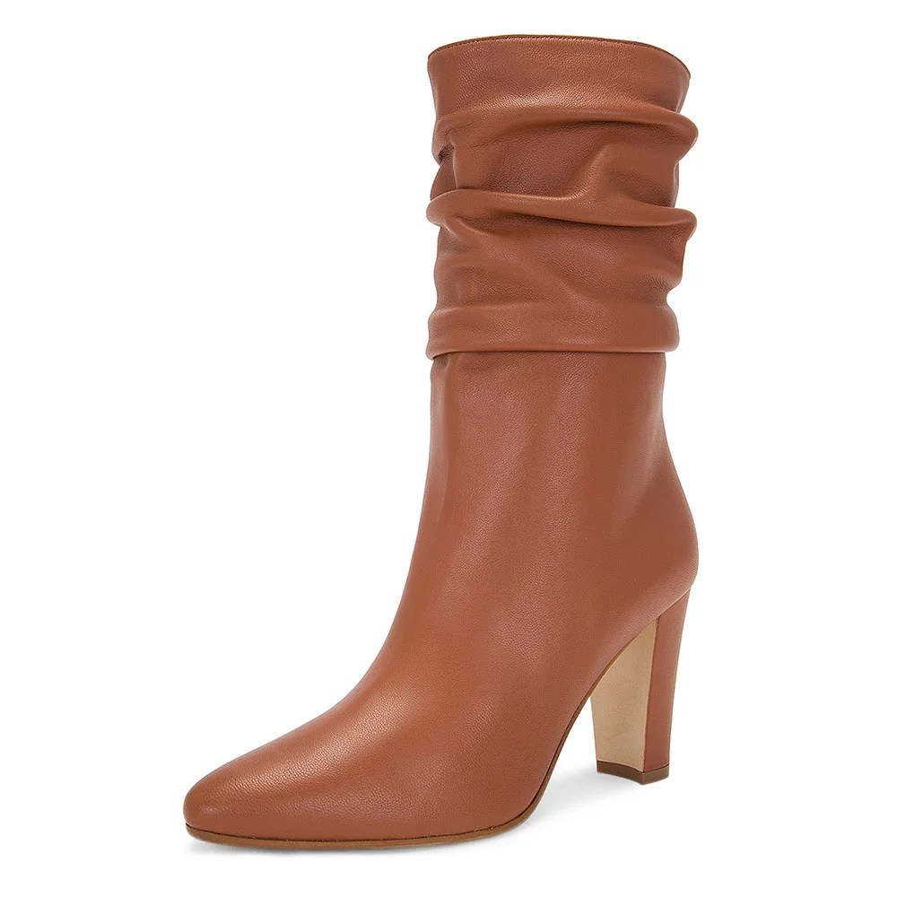 Classic Pointed Toe Chunky Heel Slouch Mid Calf Boots in Tan