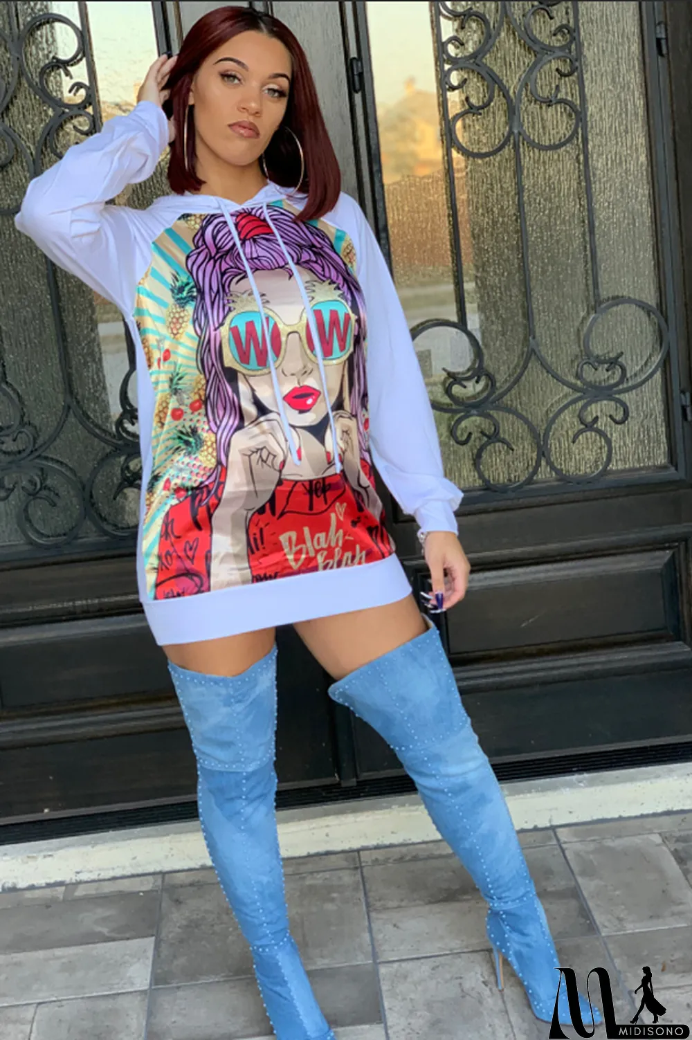 MidiSono - White hooded Print Cotton Blend Long Sleeve Sweats & Hoodies