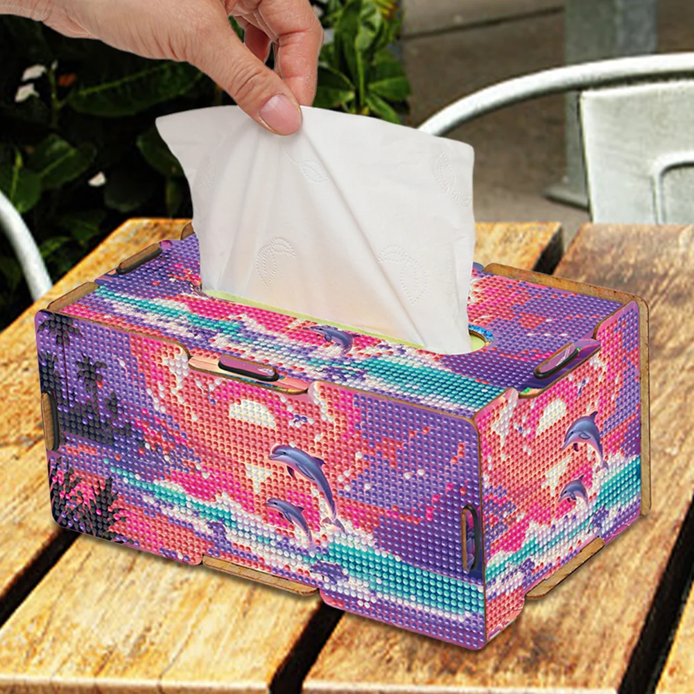 Diamond Painting Tissue Box Kits Rhinestone Craft Kit (Pink Sunset Dolphin)