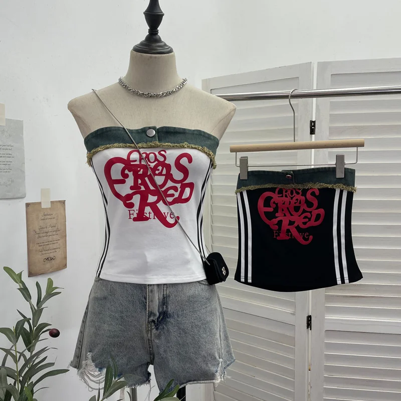Nigikala Nigikala Shooting Cowboy Splicing Braid Vest Babes Letter Graffiti Printing Short Sleeveless Outside Wear 8927