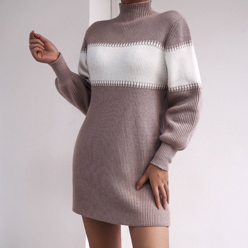 Long sleeve casual color block half high neck knitted dress MusePointer