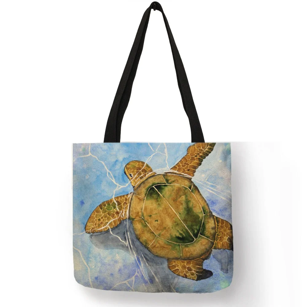 Watercolor Sea Turtle Print Handbags for Women 2020 New Arrival Tote Bags Linen Reusable Shopping Bags For Groceries B01092