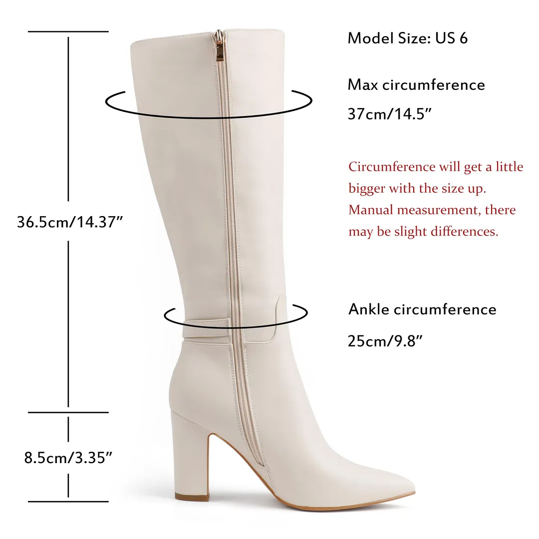 85mm/3.35 inch Women's matte high heel pointed toe buckle style casual zipper knee high boots-vocosishoes