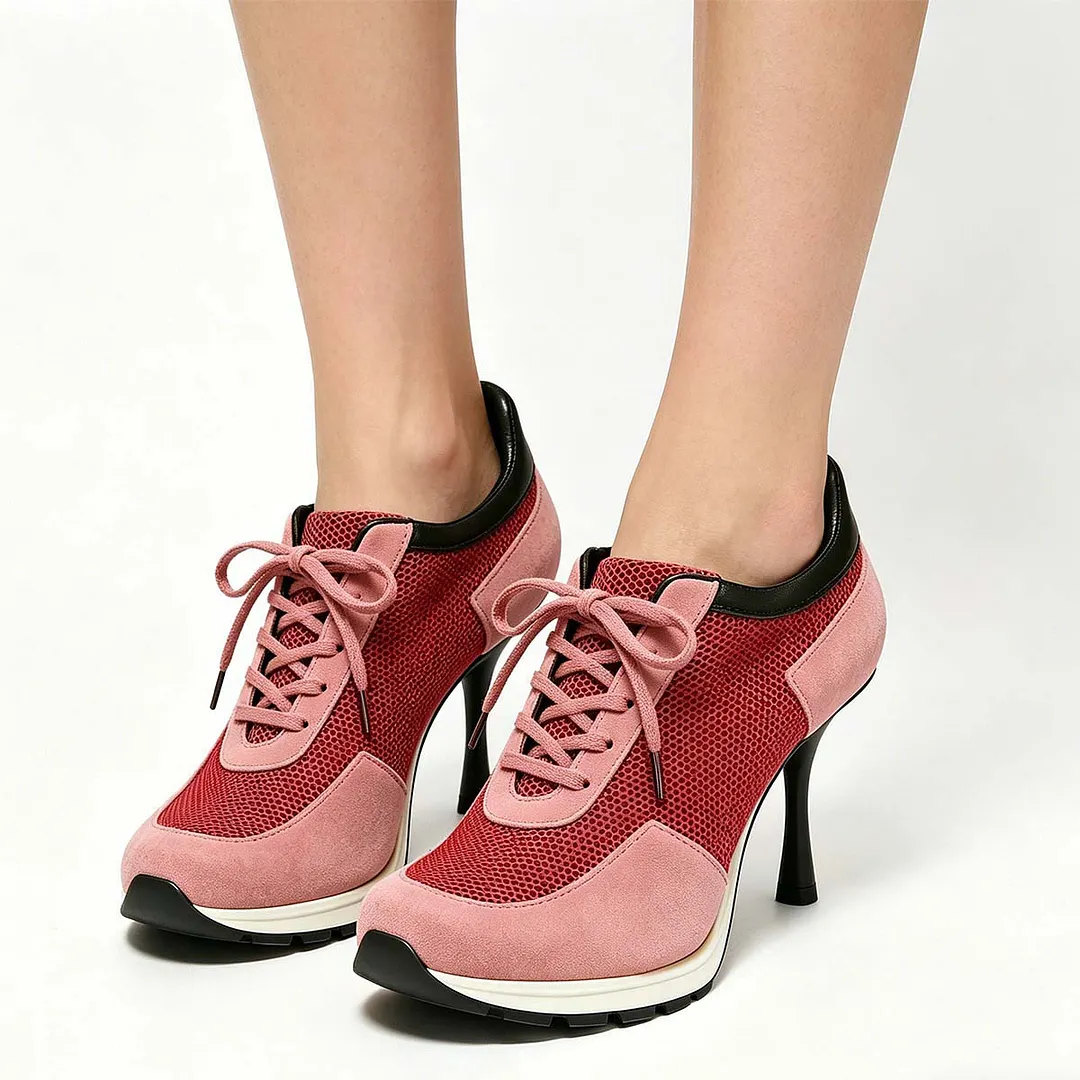 Red and Black Patchwork Round Toe Lace Up Sneaker Stiletto Shoes