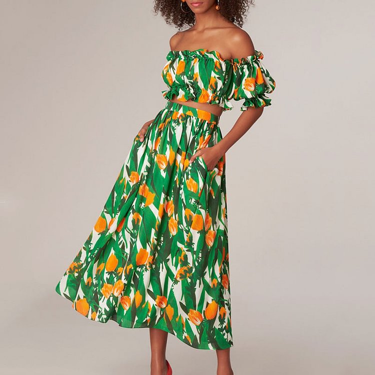 Printed Off Shoulder Top and Skirt