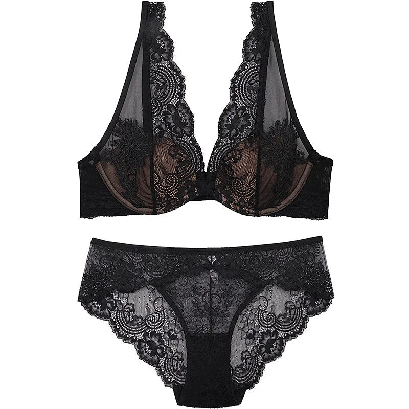 Wriufred Sexy lace comfortable underwear set embroidered cotton bralette gathered deep V lady bra set B cup women's lingerie set