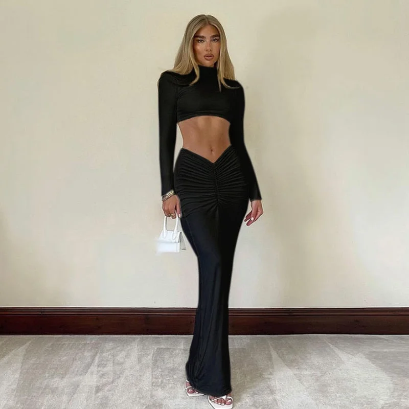 Women Sexy Long Sleeve Crop Tops+Ruched Maxi Skirts White 2 Two Piece Sets Party Clubwear Outfits Pencil Long Skirt 2021 Autumn