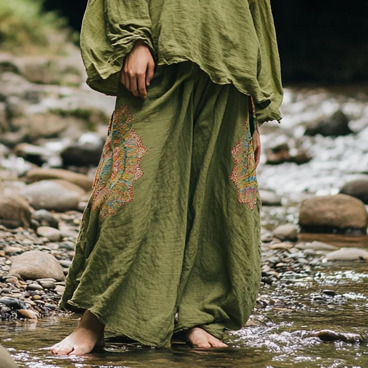 Bohemian Holiday Style Vintage Embroidered Floral Totem Print Casual Pants Wide-leg Pants