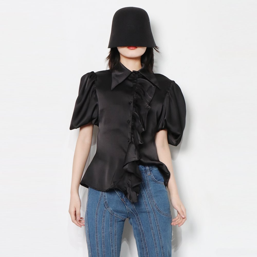 Ueong Slim Ruffle Trim Shirt For Women Lapel Puff Sleeve Solid Button Through Blouse Female Clothing Style 2022 Fashion